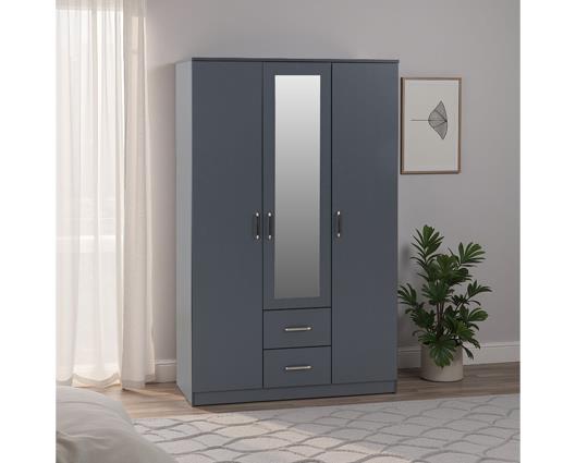 DAKOTA 3 DOOR 2 DRAWER MIRRORED WARDROBE - DARK GREY