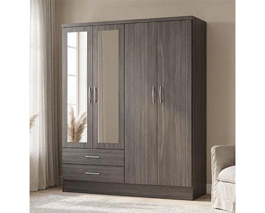 NEVADA 4 DOOR 2 DRAWER WARDROBE - BLACK WOOD GRAIN