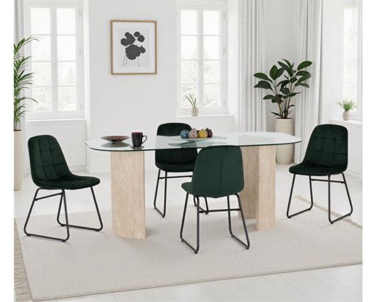 MODENA & LUKAS DINING SET (X4 CHAIRS) - CREAM/EMERALD GREEN VELVET