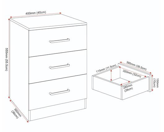 DAKOTA 3 DRAWER BEDSIDE - LIGHT GREY