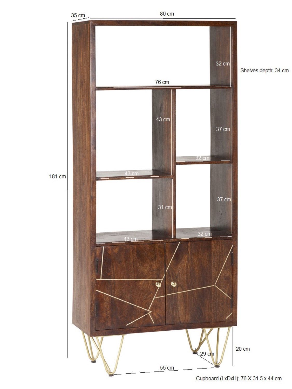 Dark Gold Large 2 Door Bookcase