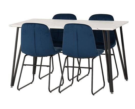 MARLOW & LUKAS DINING SET (X4 CHAIRS) - WHITE MARBLE/SAPPHIRE BLUE VELVET