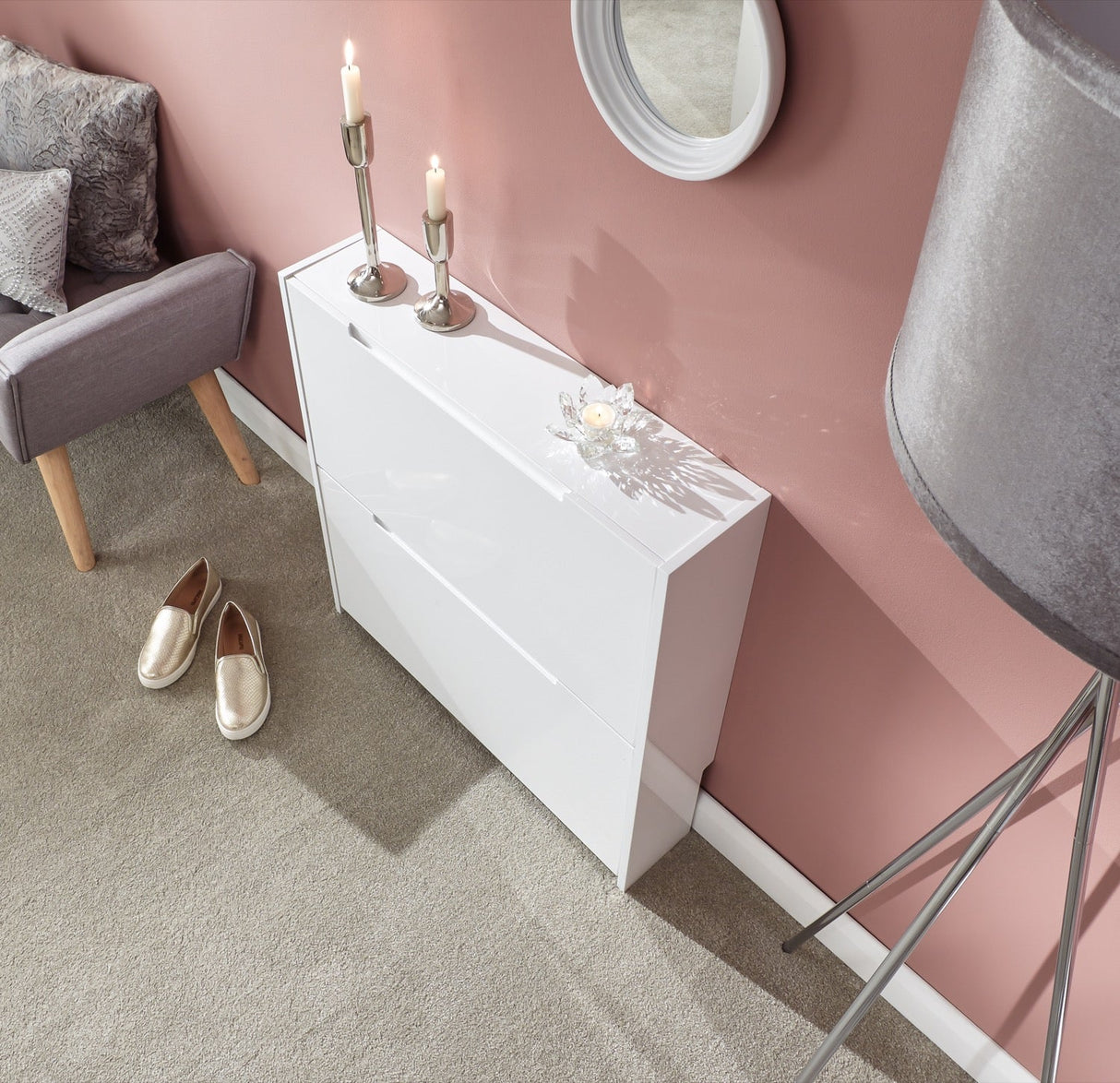 Slim High Gloss 2 Tier Shoe Cabinet-White