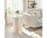MODENA SIDE TABLE - CLEAR GLASS/CREAM MARBLE EFFECT