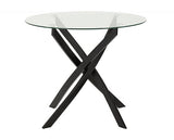 SHELDON ROUND GLASS TOP DINING SET (X4 CHAIRS) - CLEAR GLASS/GREY BOUCLE FABRIC