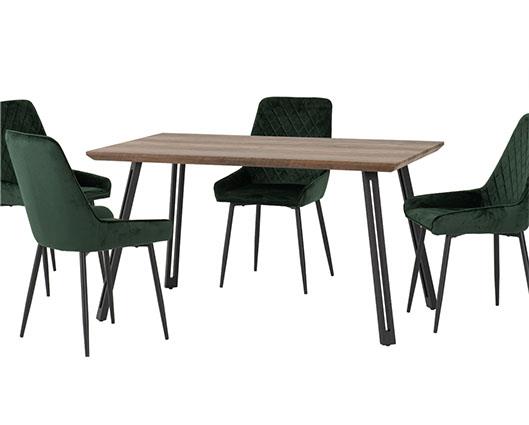 QUEBEC STRAIGHT & AVERY DINING SET (X4 CHAIRS) - MEDIUM OAK EFFECT/EMERALD GREEN VELVET