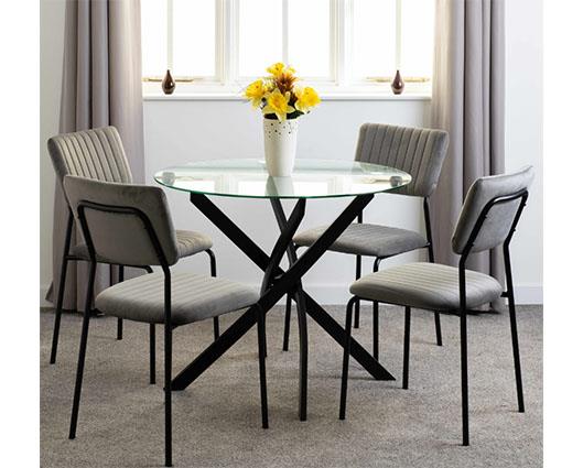 SHELDON ROUND GLASS TOP DINING SET (X4 CHAIRS) - CLEAR GLASS/GREY VELVET FABRIC