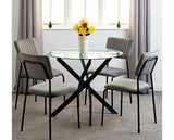 SHELDON ROUND GLASS TOP DINING SET (X4 CHAIRS) - CLEAR GLASS/GREY VELVET FABRIC