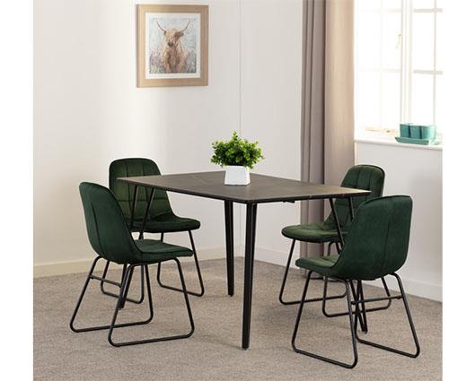 MARLOW & LUKAS DINING SET (X4 CHAIRS) - BLACK MARBLE/EMERALD GREEN VELVET