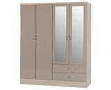 Neptune 4 Door 2 Drawer Mirrored Wardrobe - Oyster Gloss/Light Oak Effect Veneer