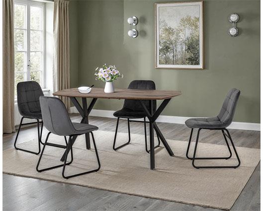 ATHENS RECT & LUKAS DINING SET (X4 CHAIRS) - MEDIUM OAK EFFECT/GREY VELVET