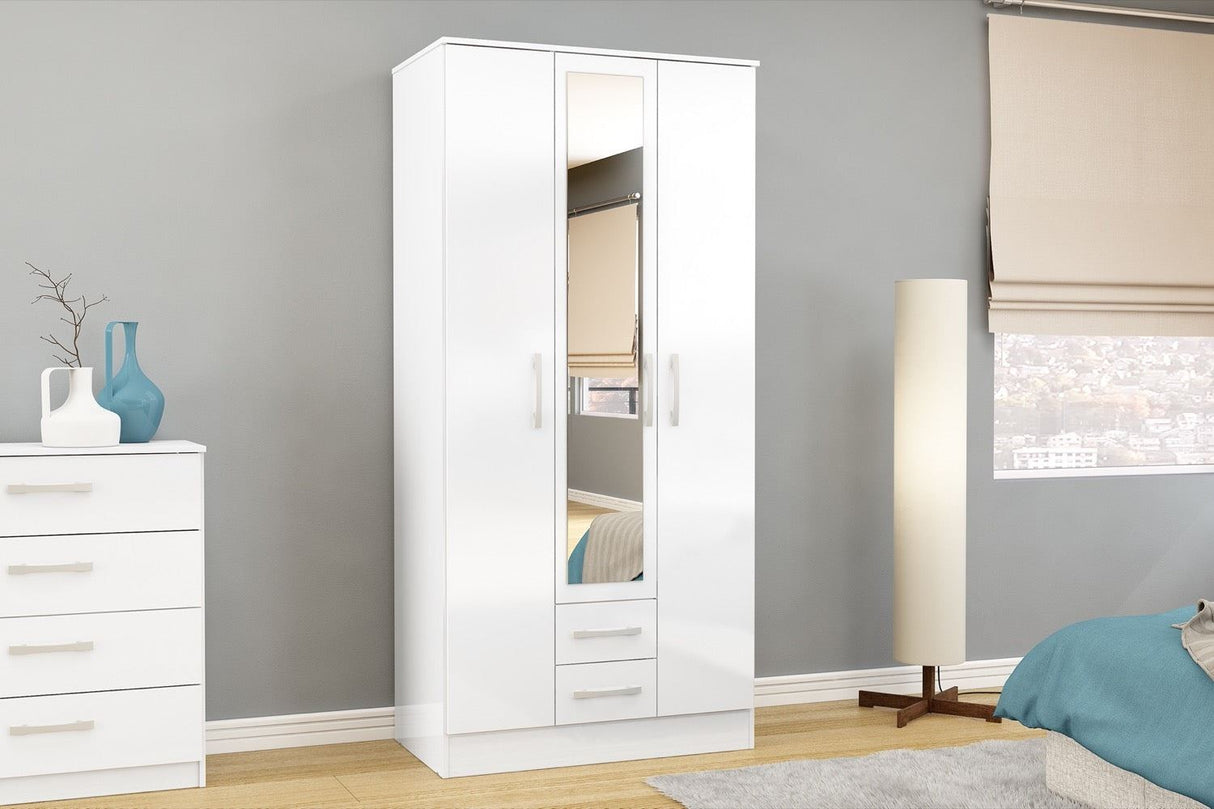 Larz 3 Door 2 Drawer Wardrobe With Mirror-White