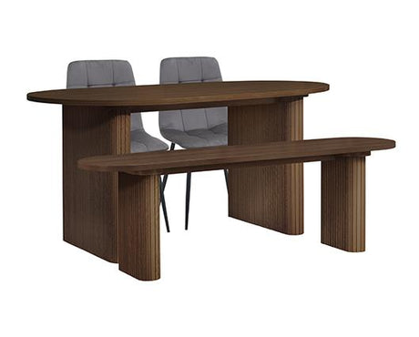 Axel Oval Fluted Dining Table with 2 Fabric Chairs and 1 Bench - Walnut