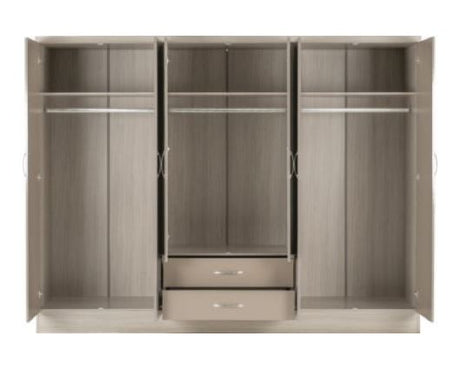 Neptune 6 Door 2 Drawer Mirrored Wardrobe - Oyster Gloss/Light Oak Effect Veneer