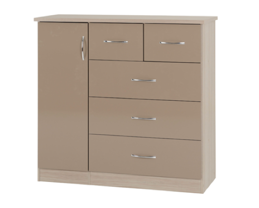 Neptune 5 Drawer Low Wardrobe - Oyster Gloss/Light Oak Effect Veneer