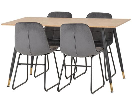 HAMILTON & LUKAS MEDIUM DINING SET (X4 CHAIRS) - MEDIUM OAK EFFECT/GREY VELVET