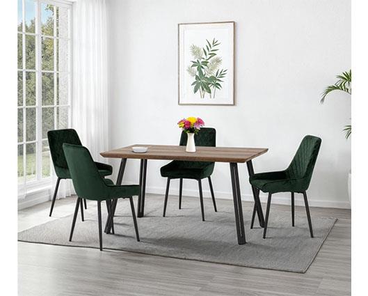QUEBEC STRAIGHT & AVERY DINING SET (X4 CHAIRS) - MEDIUM OAK EFFECT/EMERALD GREEN VELVET