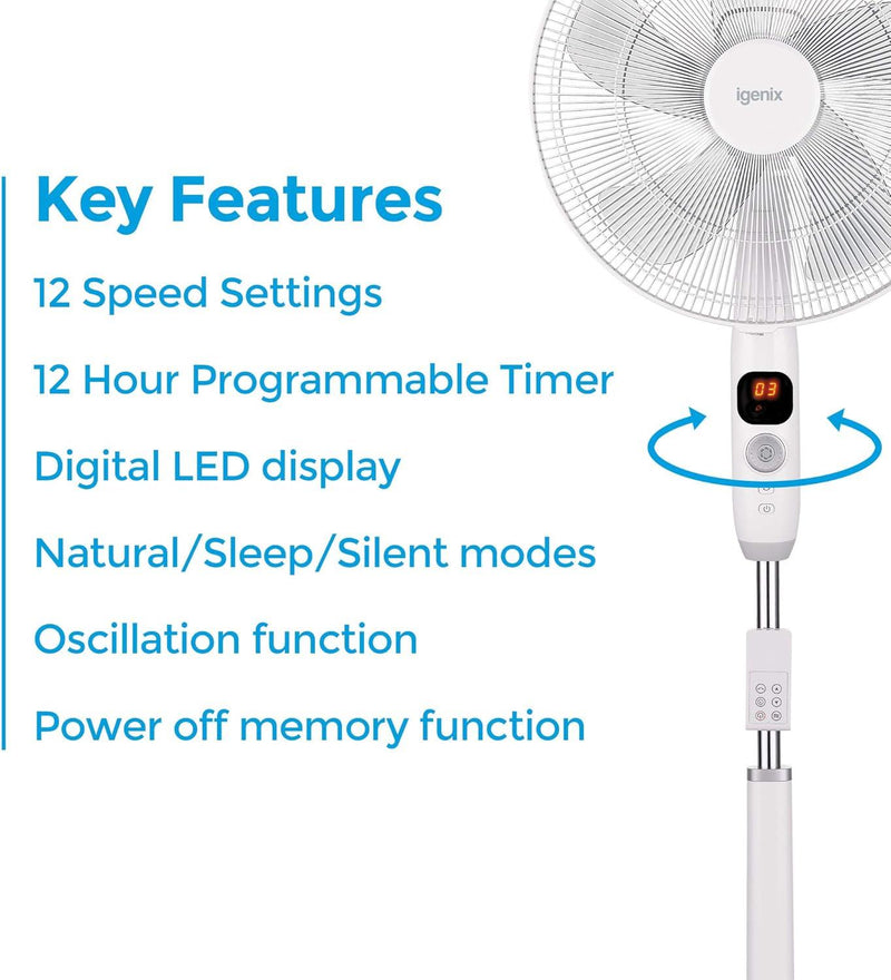 Igenix 16" Digital DC Motor Pedestal Fan - White