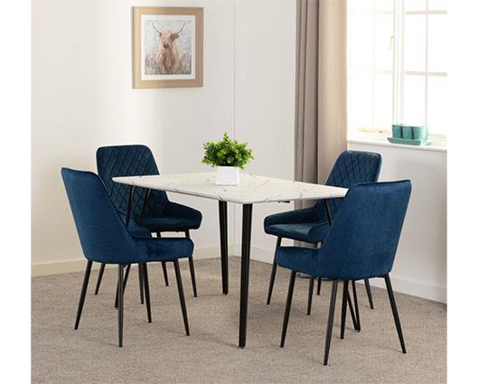 MARLOW & AVERY DINING SET (X4 CHAIRS) - WHITE MARBLE/SAPPHIRE BLUE VELVET