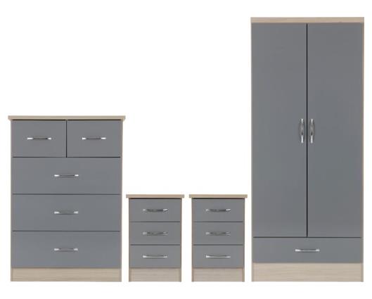 NEVADA 2 DOOR 1 DRAWER WARDROBE BEDROOM SET - GREY GLOSS/LIGHT OAK EFFECT VENEER