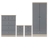 NEVADA 2 DOOR 1 DRAWER WARDROBE BEDROOM SET - GREY GLOSS/LIGHT OAK EFFECT VENEER
