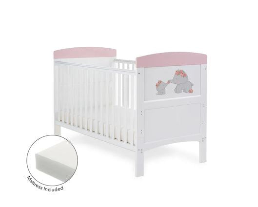 Grace Inspire Cot Bed + Fibre Mattress - Me & Mini Me Elephants Pink