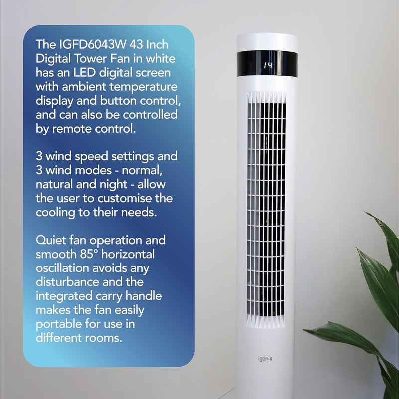 Igenix 43" Digital Tower Fan - White