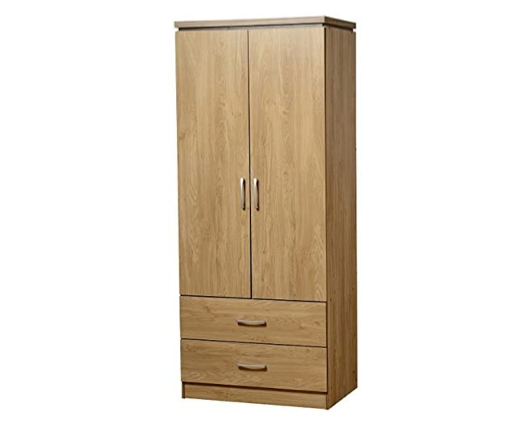 Cordell 2 Door 2 Drawer Wardrobe - Oak Effect Veneer with Walnut Trim