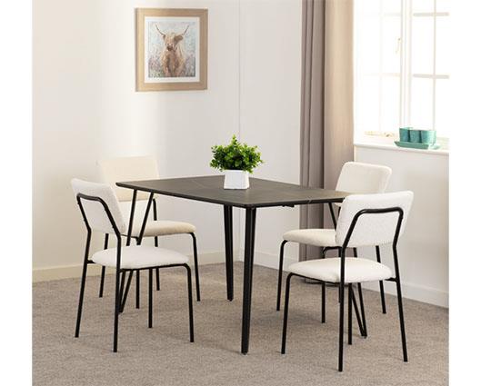 MARLOW & SHELDON DINING SET (X4 CHAIRS) - BLACK MARBLE/IVORY BOUCLE FABRIC