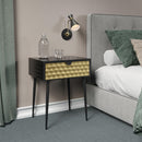 Jupiter metal 1 drawer bedside cabinet, gold drawer with black handle and legs
