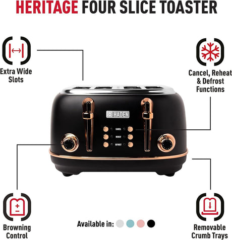 Haden Heritage 4 Slice Toaster Black and Copper