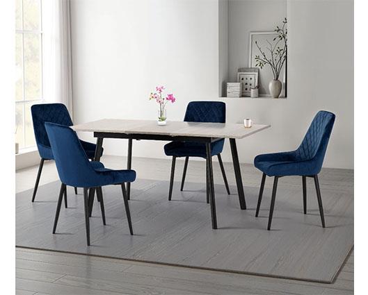AVERY EXTENDING DINING SET (X4 CHAIRS) - CONCRETE/SAPPHIRE BLUE VELVET