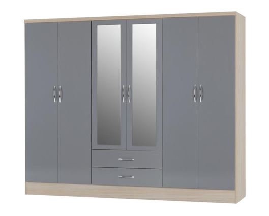 Neptune 6 Door 2 Drawer Mirrored Wardrobe - Grey Gloss/Light Oak Effect Veneer