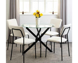 SHELDON ROUND GLASS TOP DINING SET (X4 CHAIRS) - CLEAR GLASS/IVORY BOUCLE FABRIC