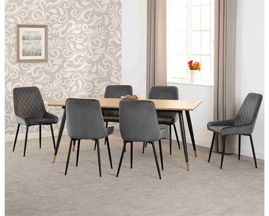 HAMILTON & AVERY LARGE DINING SET (X6 CHAIRS) - MEDIUM OAK EFFECT/GREY VELVET