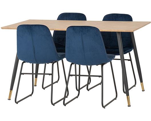 HAMILTON & LUKAS MEDIUM DINING SET (X4 CHAIRS) - MEDIUM OAK EFFECT/SAPPHIRE BLUE VELVET