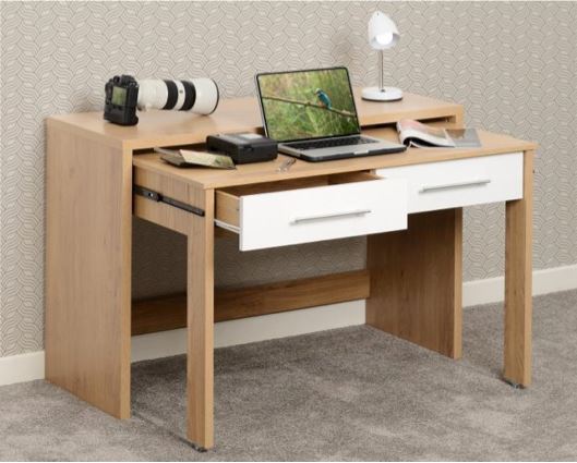 Santos 2 Drawer Slider Desk - White High Gloss/Light Oak Effect Veneer