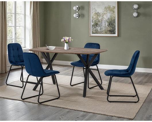 ATHENS RECT & LUKAS DINING SET (X4 CHAIRS) - MEDIUM OAK EFFECT/SAPPHIRE BLUE VELVET