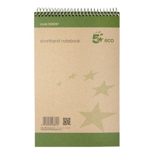 5 Star Eco Shorthand Pad Wirebound 70gsm Ruled 160pp 127x200mm Green&