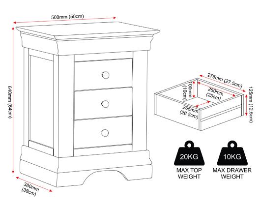 BORDEAUX 3 DRAWER BEDSIDE - IVORY