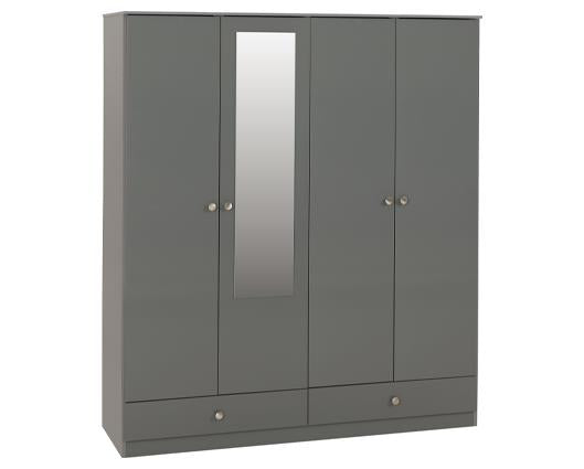 DENVER 4 DOOR 2 DRAWER MIRRORED WARDROBE - GREY GLOSS
