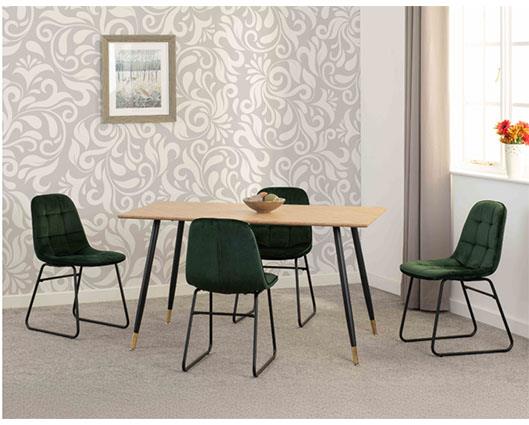 HAMILTON & LUKAS MEDIUM DINING SET (X4 CHAIRS) - MEDIUM OAK EFFECT/EMERALD GREEN VELVET