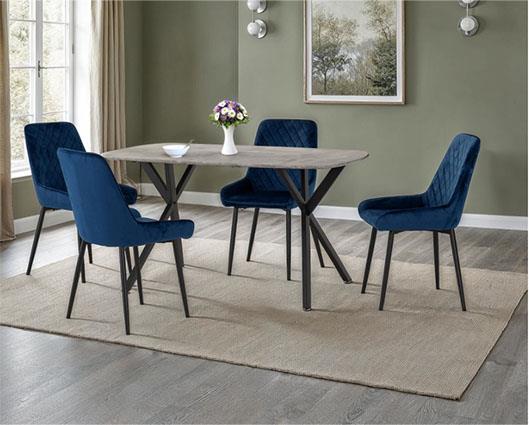 ATHENS RECT & AVERY DINING SET (X4 CHAIRS) - CONCRETE/SAPPHIRE BLUE VELVET