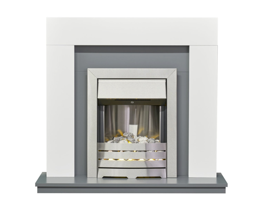 Dawson Fireplace Suite 39inch White/Grey With electric Fire - Brushed Steel