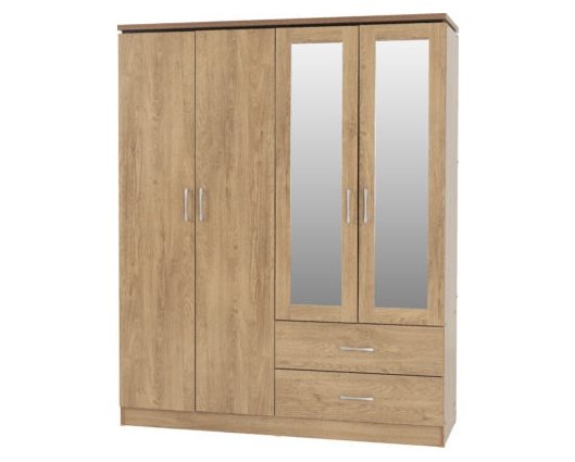 Cordell 4 Door 2 Drawer Mirrored Wardrobe - Oak Effect Veneer with Walnut Trim