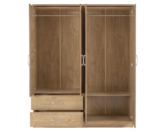 Cordell 4 Door 2 Drawer Mirrored Wardrobe - Oak Effect Veneer with Walnut Trim