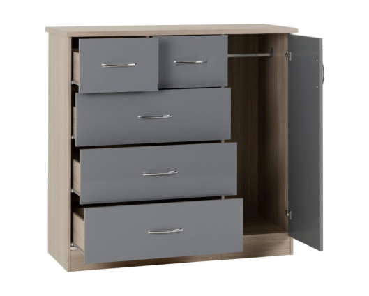 Neptune 5 Drawer Low Wardrobe - Grey Gloss/Light Oak Effect Veneer