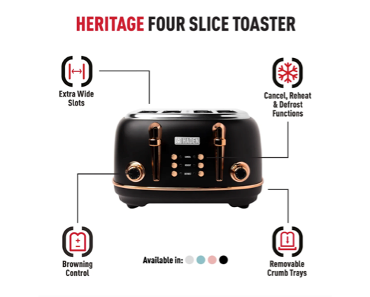 Haden Heritage 4 Slice Toaster Black and Copper