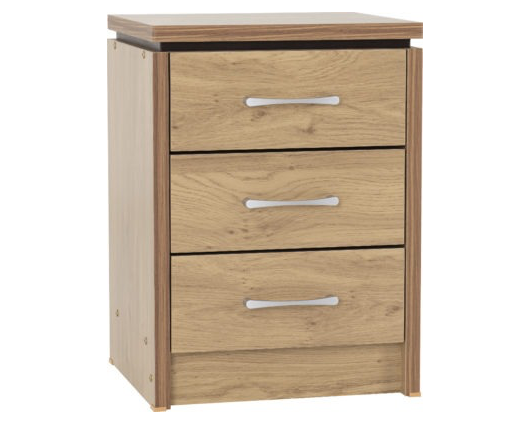 Cordell 3 Drawer Bedside Chest - Oak Effect Veneer with Walnut Trim