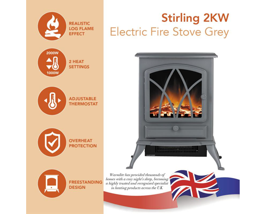 Warmlite 2KW Stirling Electric Fire Stove Grey